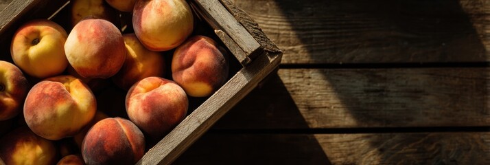 Poster - Fresh Peaches in a Rustic Crate Basking in Soft Natural Light With Untouched Space in the Top Left Corner