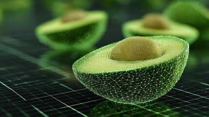 Poster - Digital Mesh of Avocado Halves on Light Grid Creates a Futuristic Composition With Vibrant Green Tones and Clean Upper Section