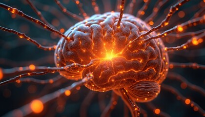 Poster - Illustration features artificial brain with orange neural connections. Science tech concept. Digital art, neuron cells, brain, artificial intelligence, AI, deep learning, machine learning, innovative