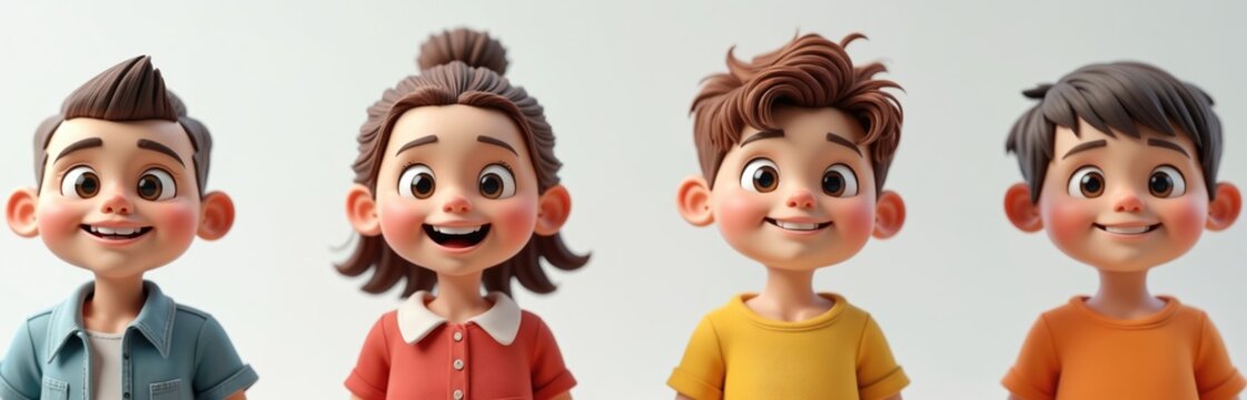 Set of smiling cartoon characters portraits on white background. Joyful faces express positive emotions. Bundle of diverse happy people, avatars with different hairstyles and clothes.