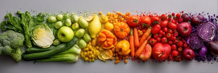 Poster - Colorful Arrangement of Fruits and Vegetables Creating a Vibrant Rainbow Gradient on a Clean Surface