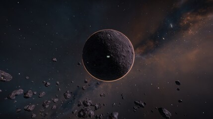 dark planet surrounded by asteroids in space