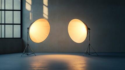 Wall Mural - two illuminated photography softboxes in a minimalist studio.