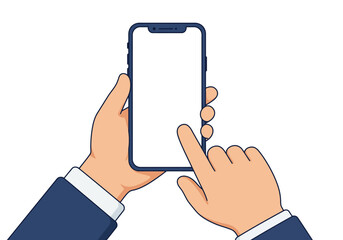 Aufkleber - Hands holding a smartphone with a white screen touching the screen with a finger demonstration of interaction with mobile device technology