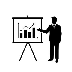 Poster - Business Presentation Silhouette: A silhouette of a businessman delivers a presentation, pointing at a graph on a projection screen, with elements of professionalism and business intelligence.