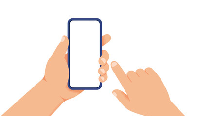 Aufkleber - Close up of a person's hand holding a smartphone with a blank white screen and another finger pressing on the screen indicating interaction with a digital device and mobile application technology
