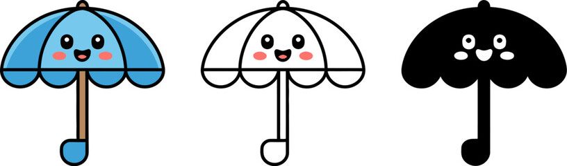 Poster - Cute umbrella vector illustration set blue black outline kawaii style rain protection weather forecast 100