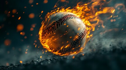 Wall Mural - fiery baseball engulfed in flames, speeding across dark ground.