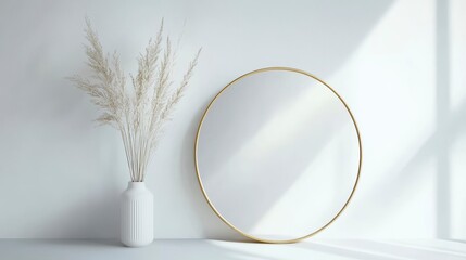 Wall Mural - minimalist interior scene with pampas grass in a vase and a round mirror against a white wall.
