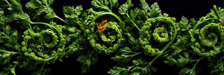 Poster - Carrot Tops Arranged in Captivating Spiral Formation With Rich Negative Space Above