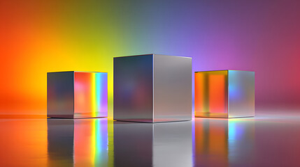 Poster - sleek metallic cube podiums on a vibrant gradient background, product mockup