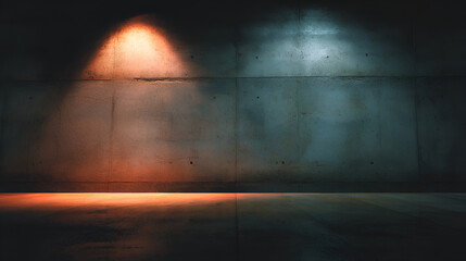 Poster - Lit concrete wall  floor orange  blue spotlights create contrasting color zones in a dark industrial setting