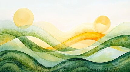 Wall Mural - abstract watercolor painting of rolling green hills and two yellow suns.