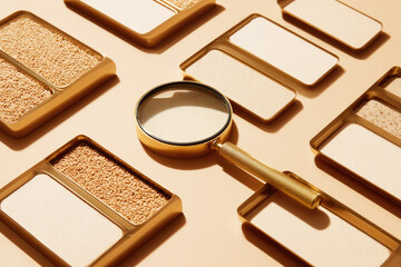 Aufkleber - Golden magnifying glass surrounded by minimal isometric containers with textured and smooth surfaces, arranged on beige background, creating modern and elegant composition