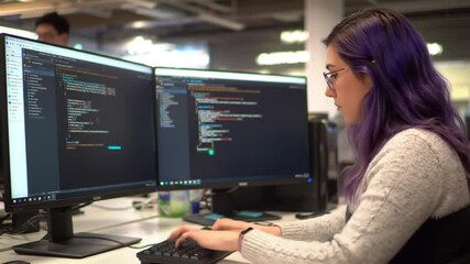 Focused female coder with purple hair working intensely with a dual monitor setup