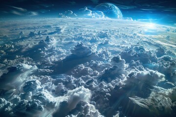 Wall Mural - sunlight is shining through clouds on an alien planet with view of another planet