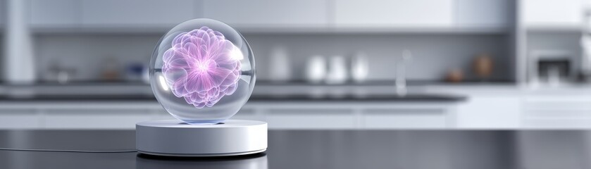 Poster - A futuristic glass sphere encases a glowing, intricate purple brain model, displayed on a sleek white base in a modern, minimalist kitchen setting, AI computer set
