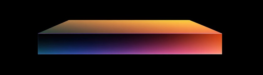 Poster - A glowing rectangular prism with smooth gradients of orange, pink, purple, and blue on a black background, creating a futuristic and vibrant visual effect, AI computer set