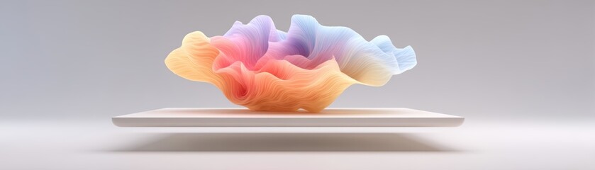 Poster - A tablet displays a vibrant, multicolored, abstract wave sculpture floating above its screen on a plain background, AI computer set