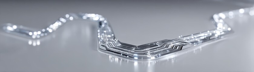 Poster - Close-up of a curved electronic circuit board with glowing connection points on a reflective surface, AI computer set