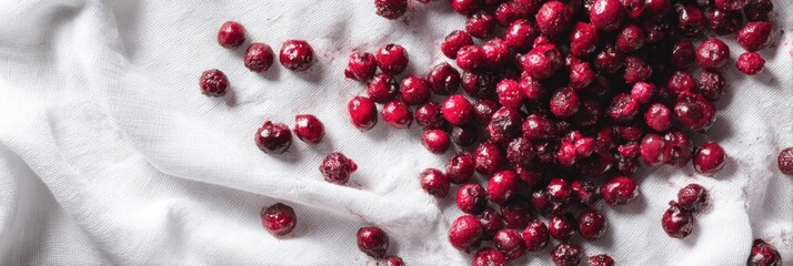 Poster - Crushed Organic Berries Scattered Over White Cloth Background, Showcasing Vibrant Colors and Textures in Natural Lighting