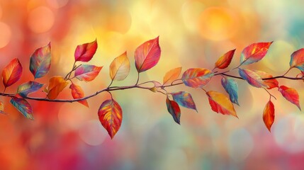 Wall Mural - vibrant autumn branch with colorful leaves against a bokeh background.