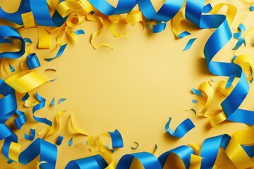 Poster - Festive blue and yellow ribbons creating a celebratory frame on a vibrant yellow backdrop
