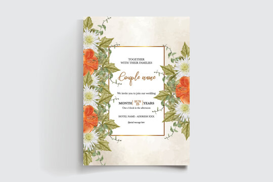 WEDDING INVITATION FRAME WITH FLOWER DECORATIONS AND FRESH LEAVES