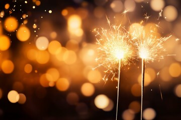 Poster - Two sparklers burning against a golden bokeh background creating a festive atmosphere