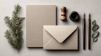 Poster - Flat lay of holiday cards, envelopes, stamps, and calligraphy pens on a craft paper surface with holiday greenery