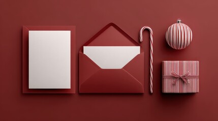 Poster - Holiday cards arranged in a festive flat lay with ornaments, candy canes, and wrapped presents