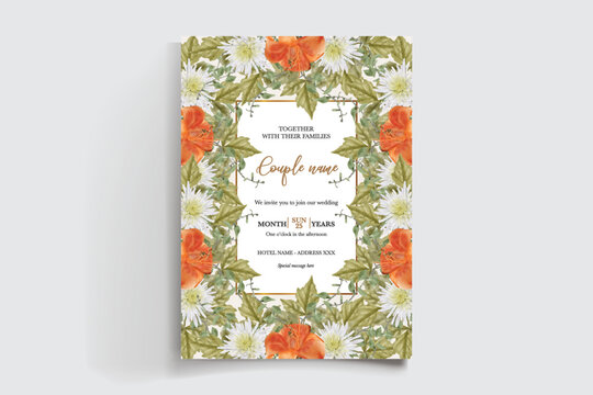 WEDDING INVITATION FRAME WITH FLOWER DECORATIONS AND FRESH LEAVES