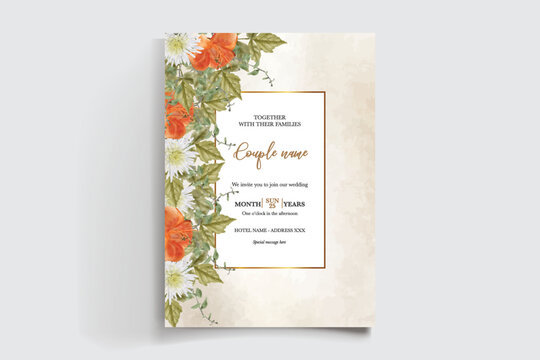 WEDDING INVITATION FRAME WITH FLOWER DECORATIONS AND FRESH LEAVES