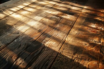Poster - Warm sunlight casting shadows on a textured wooden table, creating an inviting and rustic atmosphere