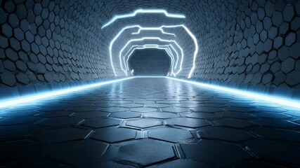 Poster - Futuristic Neon Tunnel: Abstract Hexagon Corridor