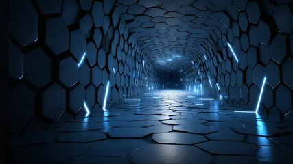 Poster - Futuristic Blue Neon Hexagon Tunnel