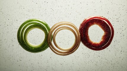 Poster - Floating Rings of Onion and Pepper Create a Minimalist Composition of Vibrant Colors and Textures in a Unique Arrangement Against a Subtle Background