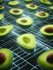 Poster - Digital Mesh Representation of Avocado Halves on a Light Grid Creates a Futuristic Atmosphere