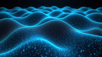 Poster - Glowing waves create mesmerizing visual effect, showcasing blend of blue tones and sparkling particles. scene evokes sense of tranquility
