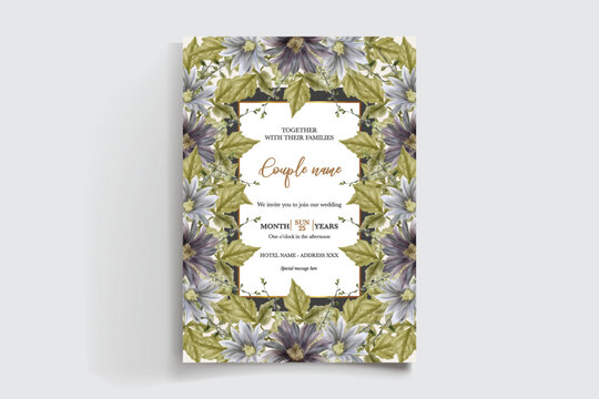 WEDDING INVITATION FRAME WITH FLOWER DECORATIONS AND FRESH LEAVES