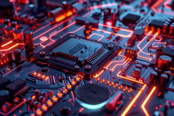 Poster - Close up of a circuit board with neon red and blue lights