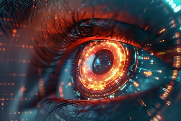 Poster - Close up of a futuristic human eye showcasing an augmented reality interface, displaying data analysis and information