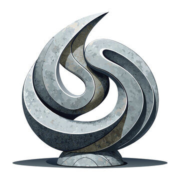 Modern abstract sculpture featuring swirling curves and textured metallic surface against a white background