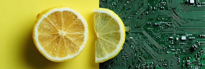 Poster - Half Lemon Split With Digital Circuit Texture in a Conceptual Still Life Showcasing the Blend of Nature and Technology in a Vibrant Setting