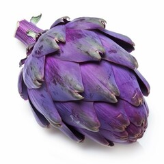 Poster - Vibrant purple artichoke resting on a white background, showcasing its unique texture and color