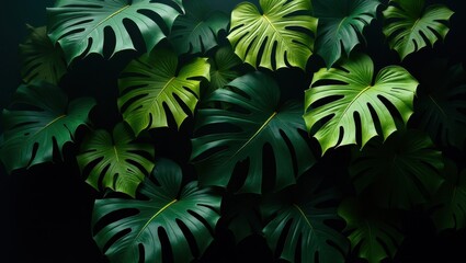  A close up shot of many monstera leaves with varying shades of green against a dark background