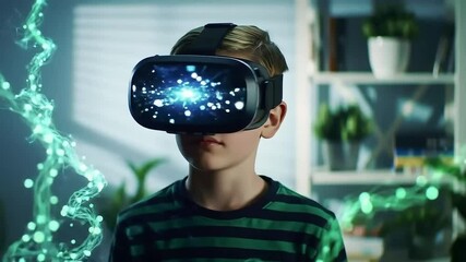 Poster - Young boy experiencing virtual reality metaverse with digital energy graphics