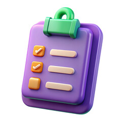 Poster - 3d rendered purple clipboard with green clip and checklist isolated on transparent background