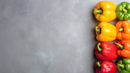 Poster - Colorful Bell Peppers Arranged in a Flat Lay on a Gray Surface With an Empty Left Margin