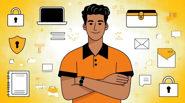 Confident young man in orange shirt surrounded by symbols of security and technology, ideal for digital safety concepts